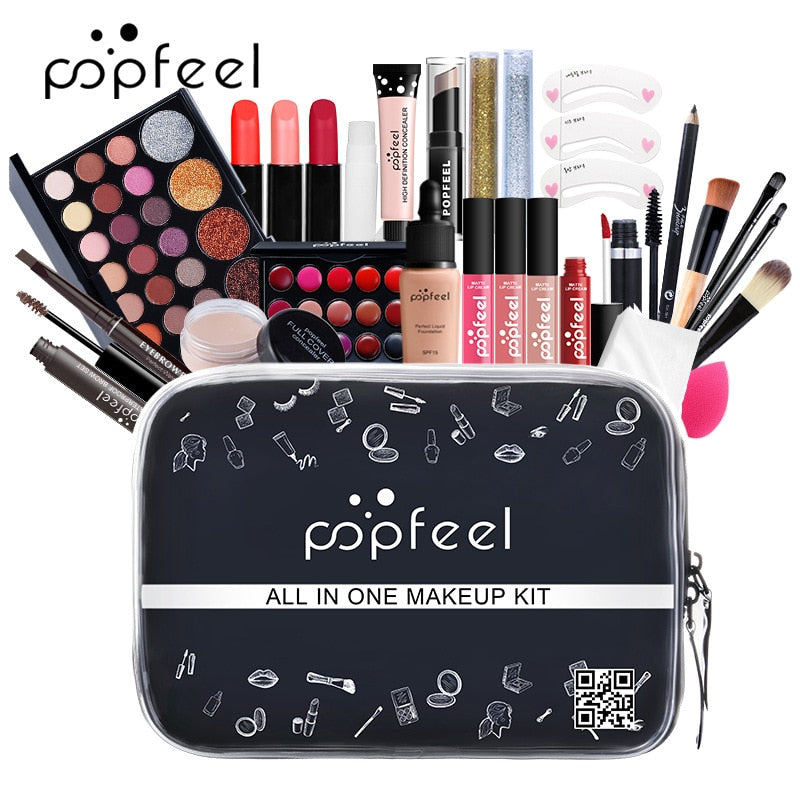 Kits de maquiagem POPFEEL para iniciantes Tudo em um kit de maquiagem.  Conjuntos de maquiagem de beleza profissional + Bolsa de cosméticos.