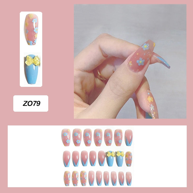 24 unidades de Unhas postiças decoradas com borboletas, manicure fashion, cobertura completa de acrílico para meninas.