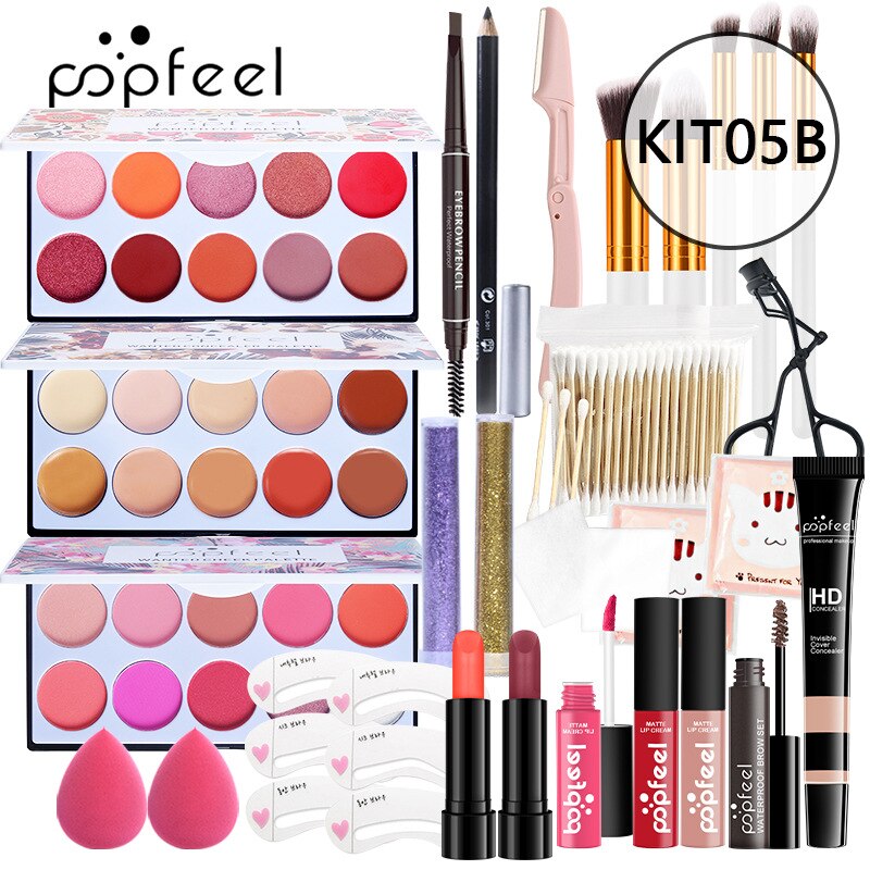 Kits de maquiagem POPFEEL para iniciantes Tudo em um kit de maquiagem.  Conjuntos de maquiagem de beleza profissional + Bolsa de cosméticos.