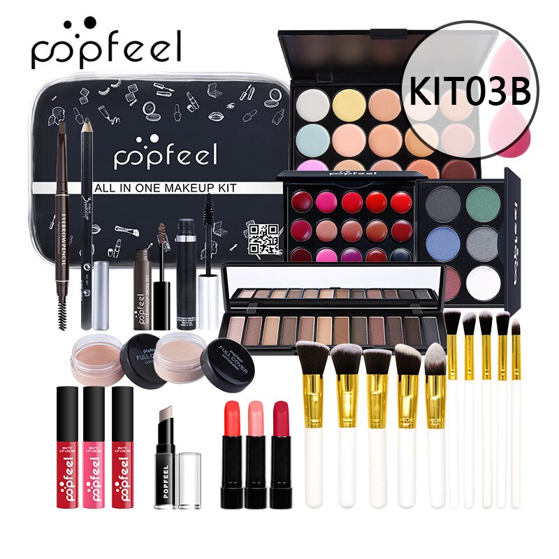 Kits de maquiagem POPFEEL para iniciantes Tudo em um kit de maquiagem.  Conjuntos de maquiagem de beleza profissional + Bolsa de cosméticos.