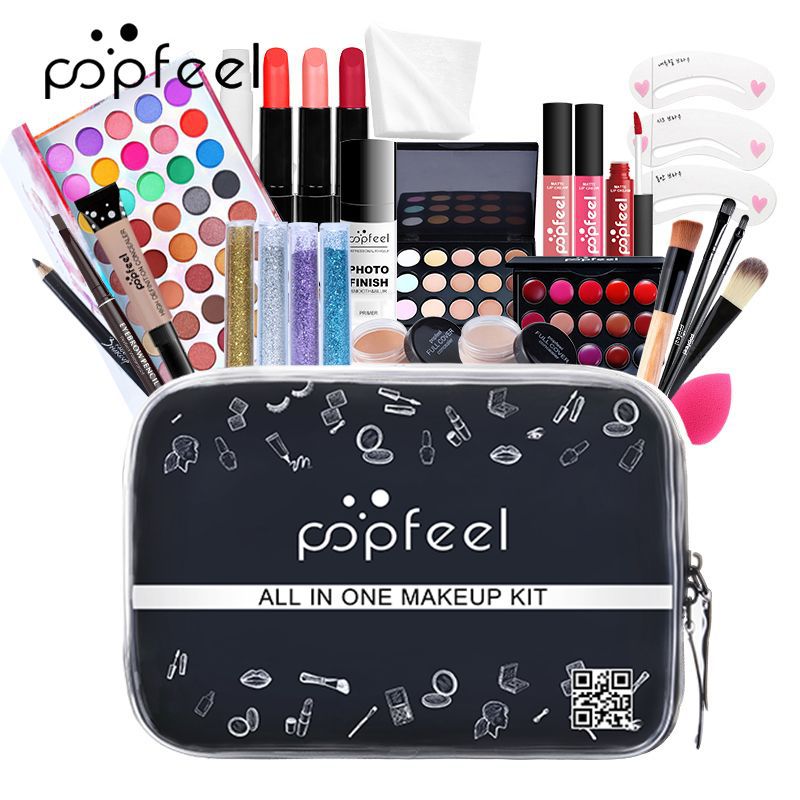 Kits de maquiagem POPFEEL para iniciantes Tudo em um kit de maquiagem.  Conjuntos de maquiagem de beleza profissional + Bolsa de cosméticos.