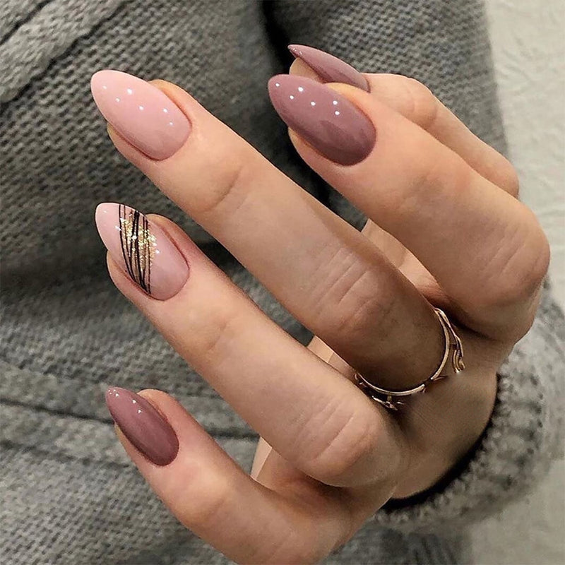 24 Pçs de Cabeça Oval de Unhas Postiças - Rosa Amêndoa. Unhas Falsas Artificiais Com Cola Cobertura Completa.