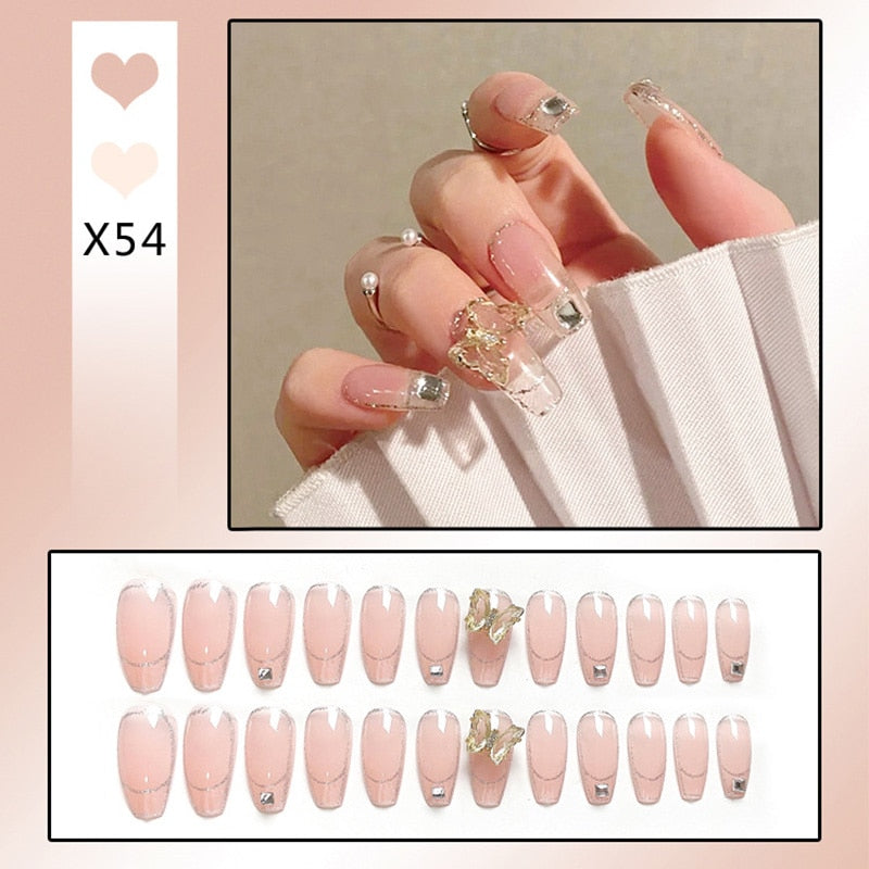 24 unidades de Unhas postiças decoradas com borboletas, manicure fashion, cobertura completa de acrílico para meninas.