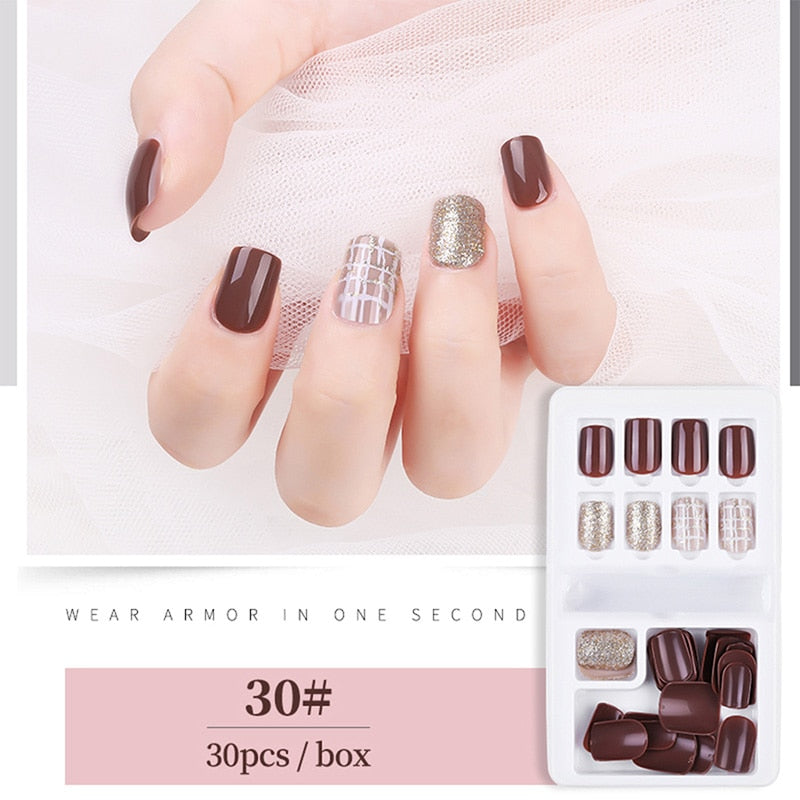 Conjunto de 30 unidades de unhas postiças, unhas completas para decoração, arte com adesivo.