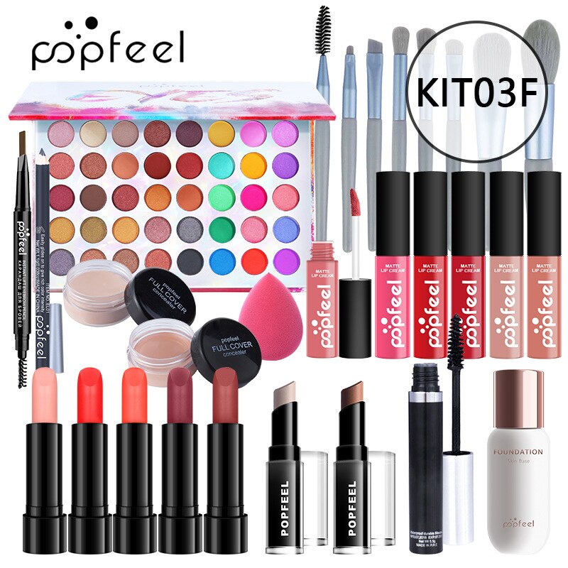 Kits de maquiagem POPFEEL para iniciantes Tudo em um kit de maquiagem.  Conjuntos de maquiagem de beleza profissional + Bolsa de cosméticos.