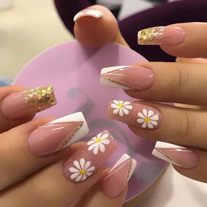 24Pcs Unhas Postiças Comprimento Médio - Bailarina Cor Nude e Rosa Unhas com cola de pressão.