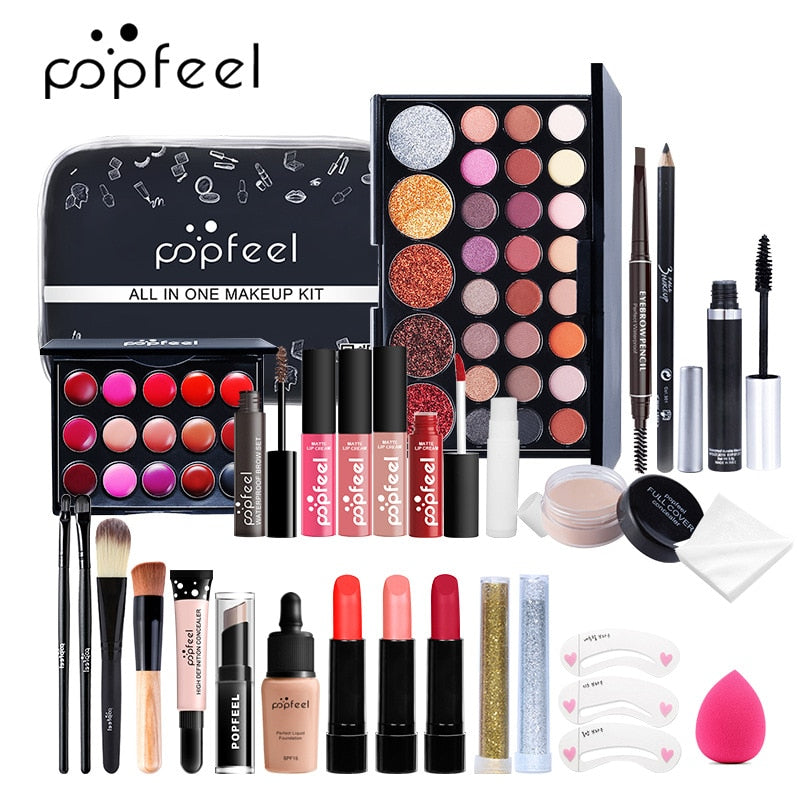 Kits de maquiagem POPFEEL para iniciantes Tudo em um kit de maquiagem.  Conjuntos de maquiagem de beleza profissional + Bolsa de cosméticos.