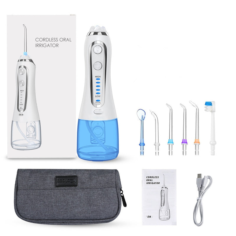 Irrigador oral de 5 modos, fio dental recarregável, fio dental portátil, jato de água, 300ml, limpador de dentes + 6 jatos.