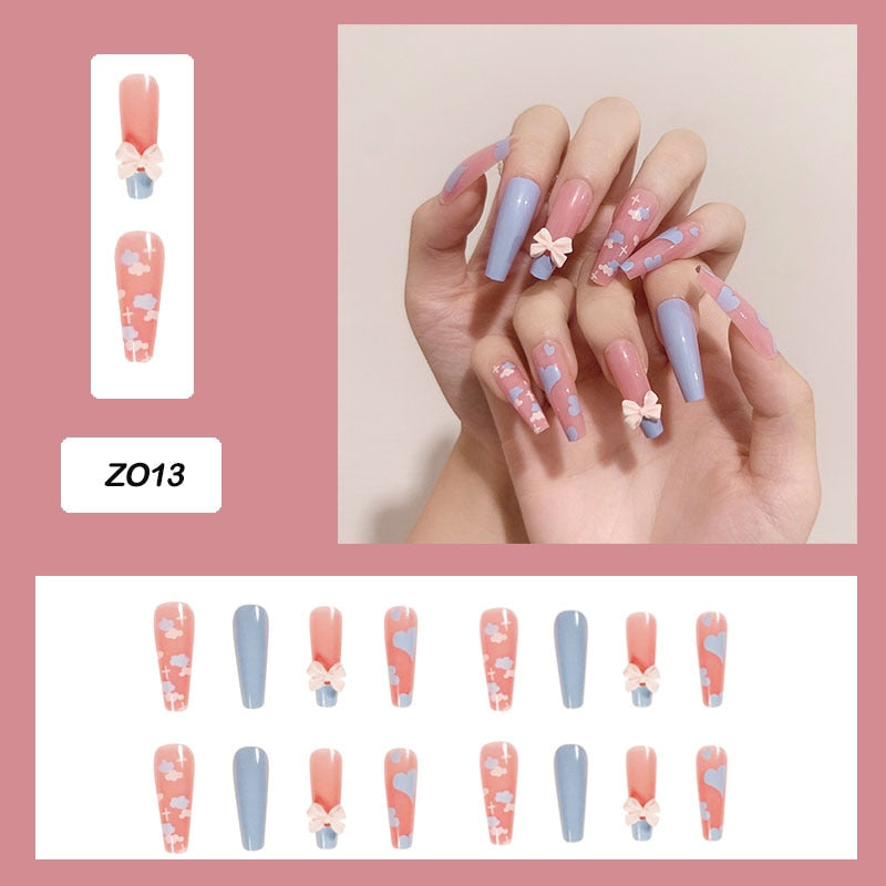 24 unidades de Unhas postiças decoradas com borboletas, manicure fashion, cobertura completa de acrílico para meninas.