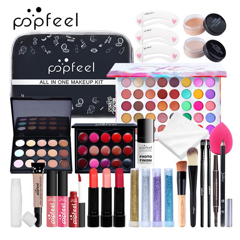 Kits de maquiagem POPFEEL para iniciantes Tudo em um kit de maquiagem.  Conjuntos de maquiagem de beleza profissional + Bolsa de cosméticos.