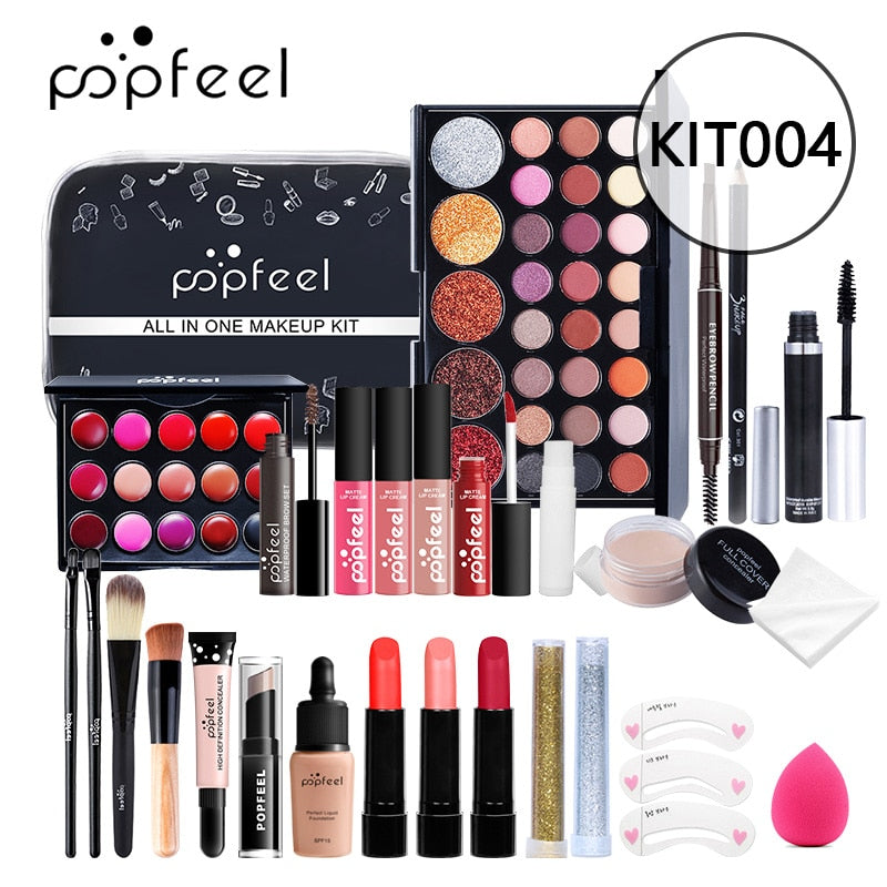 POPFEEL All In One Makeup Set (Sombra, Lipgloss, Batom, Pincéis, Corretivo) c/ estojo de Cosméticos - Kit de Sombras.