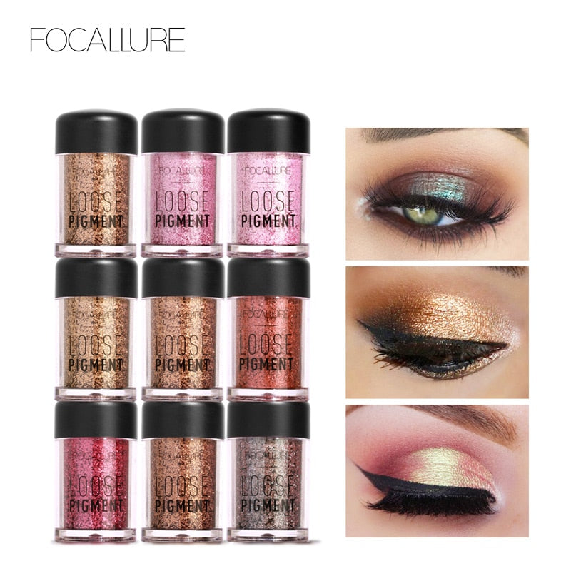 FOCALLURE - Sombras cosméticas em Glitter - 18 cores acetinadas e brilhantes.