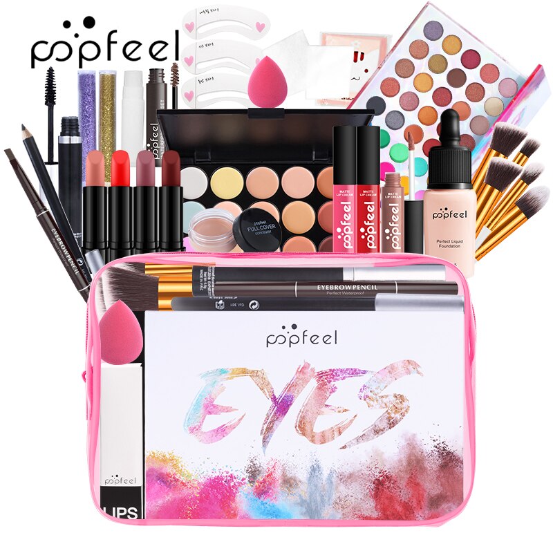 POPFEEL All In One Makeup Set (Sombra, Lipgloss, Batom, Pincéis, Corretivo) c/ estojo de Cosméticos - Kit de Sombras.