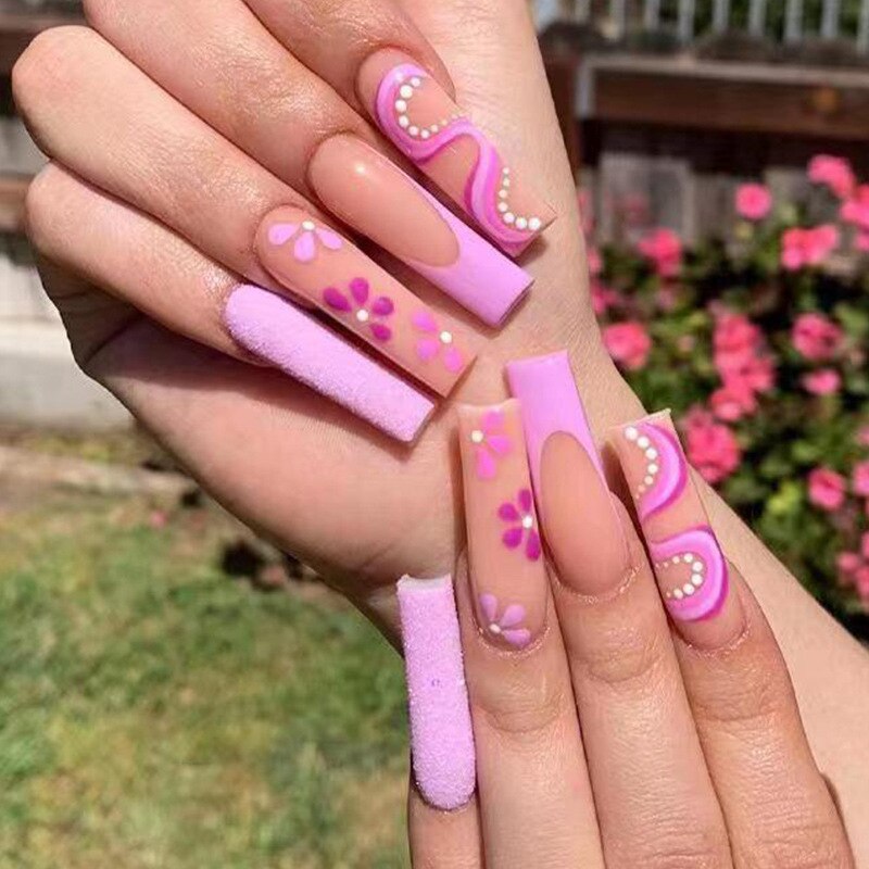 24 pçs/caixa de unhas postiças com cola destacável - longas bailarina unhas postiças com design reutilizável.