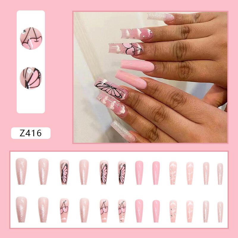 24 pçs/caixa de unhas postiças com cola destacável - longas bailarina unhas postiças com design reutilizável.