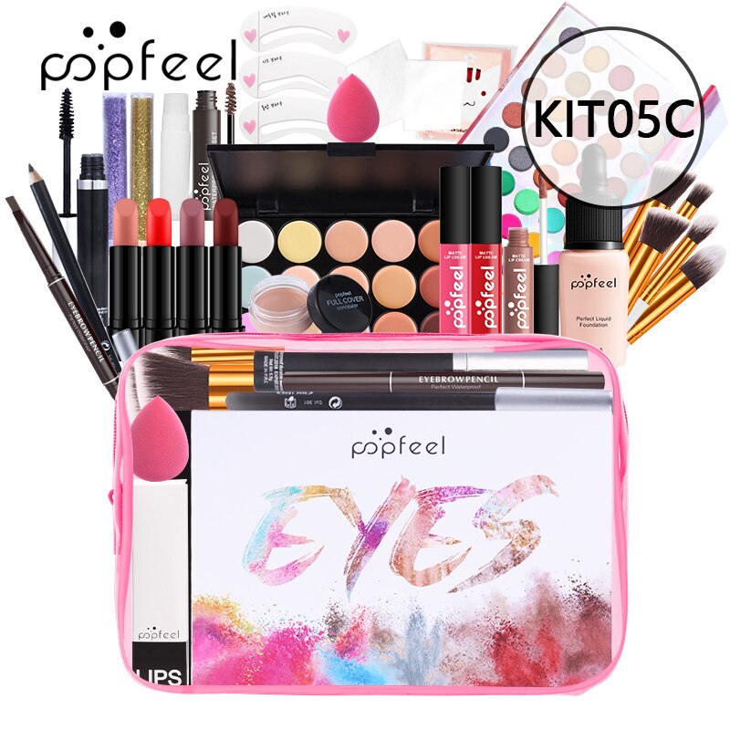 POPFEEL All In One Makeup Set (Sombra, Lipgloss, Batom, Pincéis, Corretivo) c/ estojo de Cosméticos - Kit de Sombras.