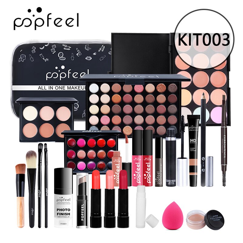 POPFEEL All In One Makeup Set (Sombra, Lipgloss, Batom, Pincéis, Corretivo) c/ estojo de Cosméticos - Kit de Sombras.