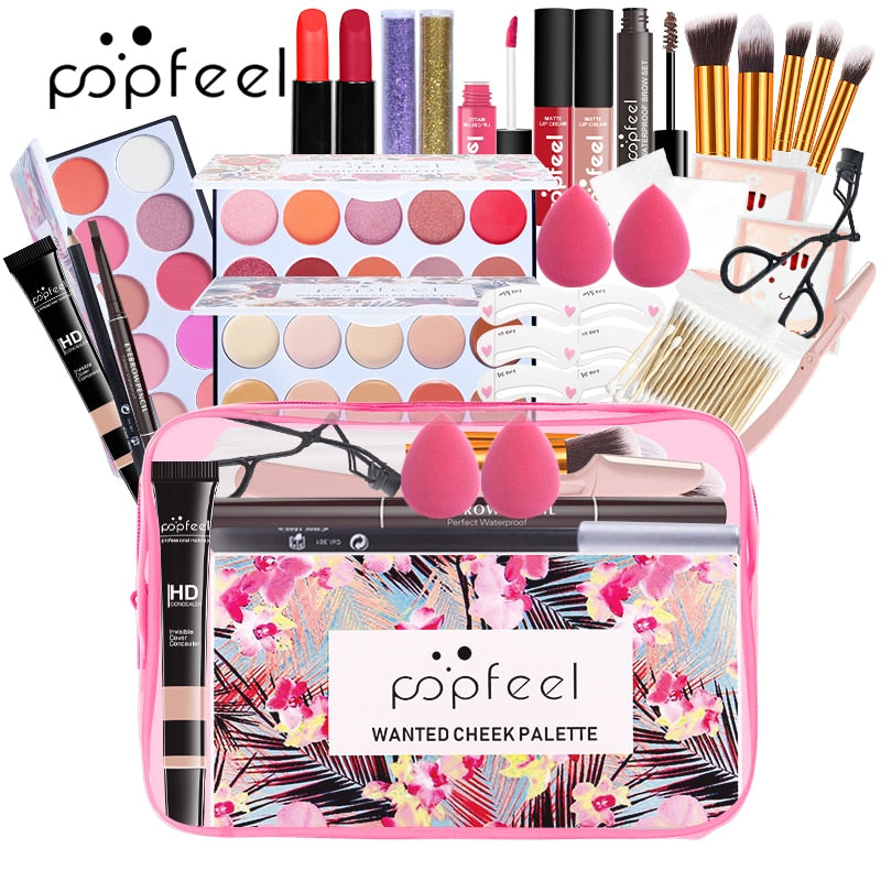 POPFEEL All In One Makeup Set (Sombra, Lipgloss, Batom, Pincéis, Corretivo) c/ estojo de Cosméticos - Kit de Sombras.