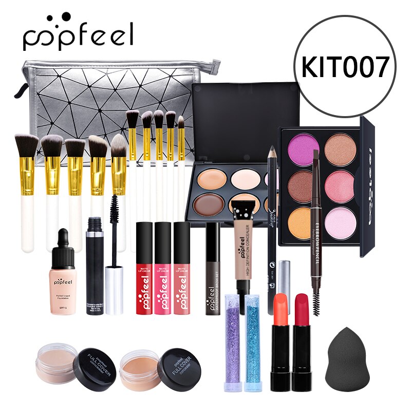 POPFEEL All In One Makeup Set (Sombra, Lipgloss, Batom, Pincéis, Corretivo) c/ estojo de Cosméticos - Kit de Sombras.