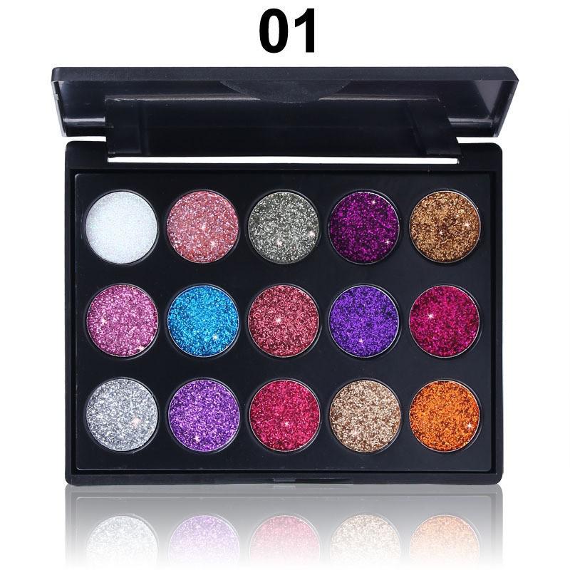 15 Cores c/ Diamante e Lantejoulas - Sombra Cosmética Bandeja c/ Glitter e Pérolas Metálicas.