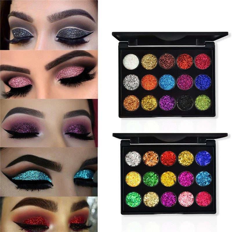 15 Cores c/ Diamante e Lantejoulas - Sombra Cosmética Bandeja c/ Glitter e Pérolas Metálicas.