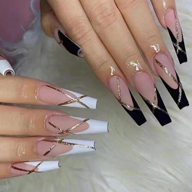 24 pçs/caixa de unhas postiças com cola destacável - longas bailarina unhas postiças com design reutilizável.