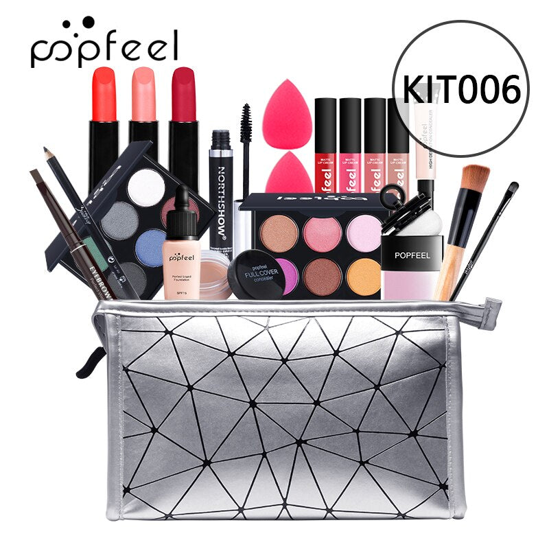 POPFEEL All In One Makeup Set (Sombra, Lipgloss, Batom, Pincéis, Corretivo) c/ estojo de Cosméticos - Kit de Sombras.