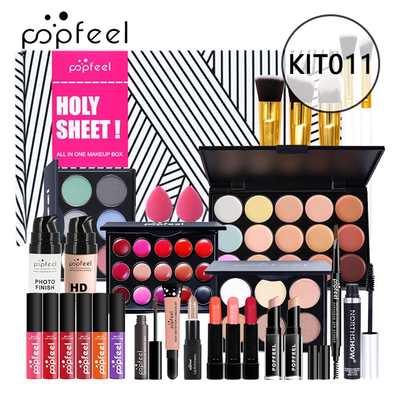 POPFEEL All In One Makeup Set (Sombra, Lipgloss, Batom, Pincéis, Corretivo) c/ estojo de Cosméticos - Kit de Sombras.