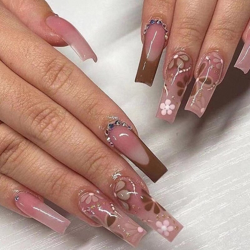 24 pçs/caixa de unhas postiças com cola destacável - longas bailarina unhas postiças com design reutilizável.