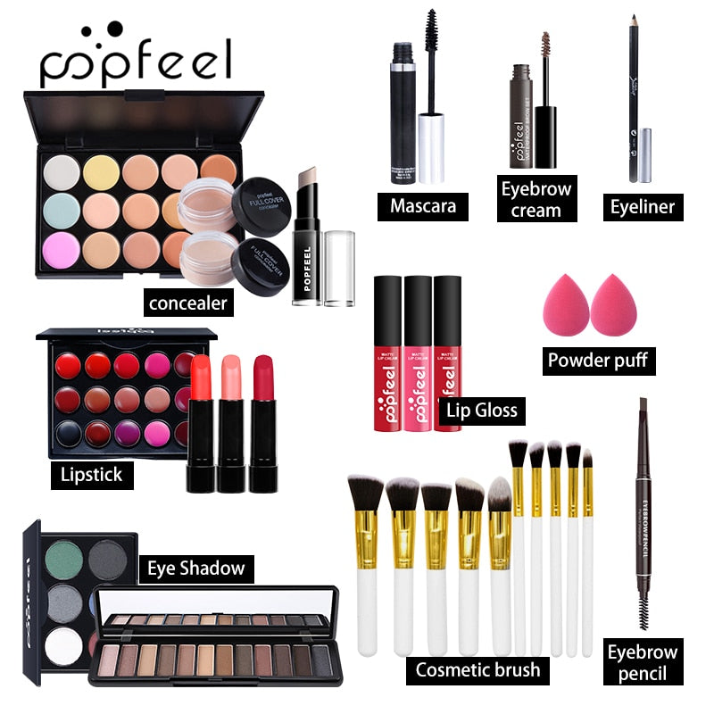 POPFEEL All In One Makeup Set (Sombra, Lipgloss, Batom, Pincéis, Corretivo) c/ estojo de Cosméticos - Kit de Sombras.