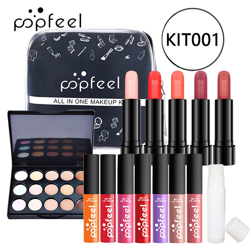 POPFEEL All In One Makeup Set (Sombra, Lipgloss, Batom, Pincéis, Corretivo) c/ estojo de Cosméticos - Kit de Sombras.