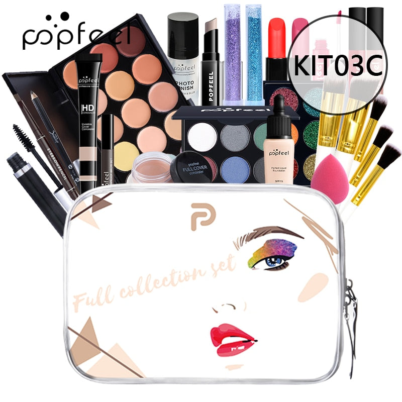 POPFEEL All In One Makeup Set (Sombra, Lipgloss, Batom, Pincéis, Corretivo) c/ estojo de Cosméticos - Kit de Sombras.