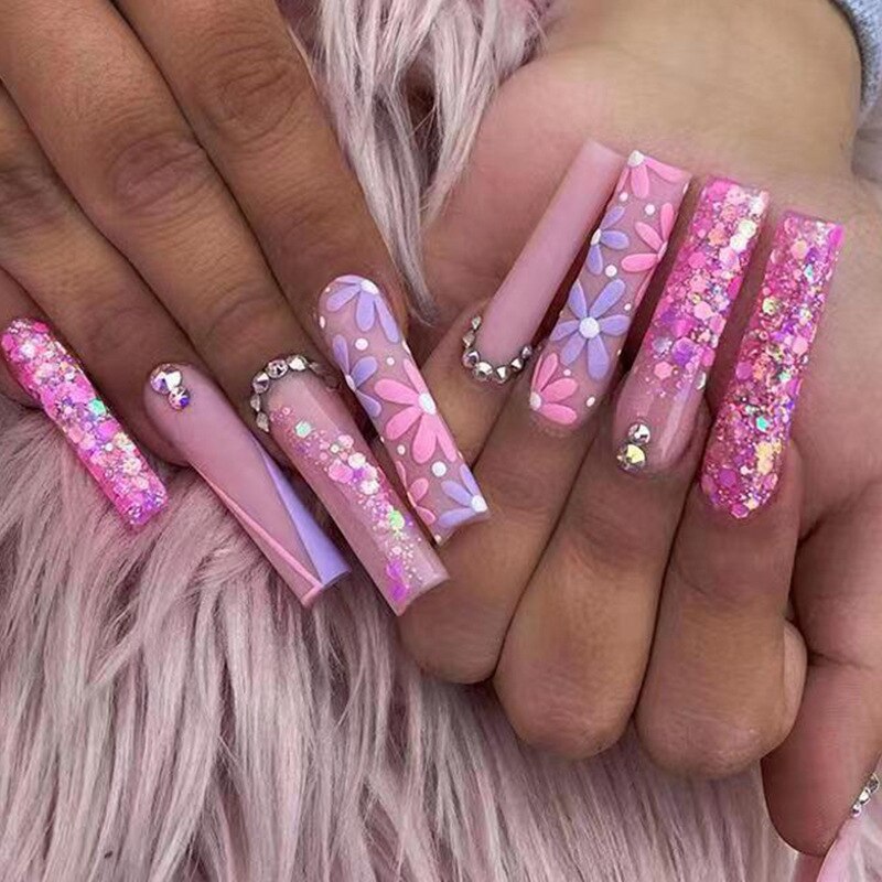 24 pçs/caixa de unhas postiças com cola destacável - longas bailarina unhas postiças com design reutilizável.