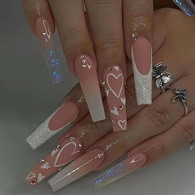 24 pçs/caixa de unhas postiças com cola destacável - longas bailarina unhas postiças com design reutilizável.