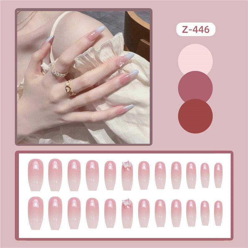 24 unidades de Unhas postiças decoradas com borboletas, manicure fashion, cobertura completa de acrílico para meninas.